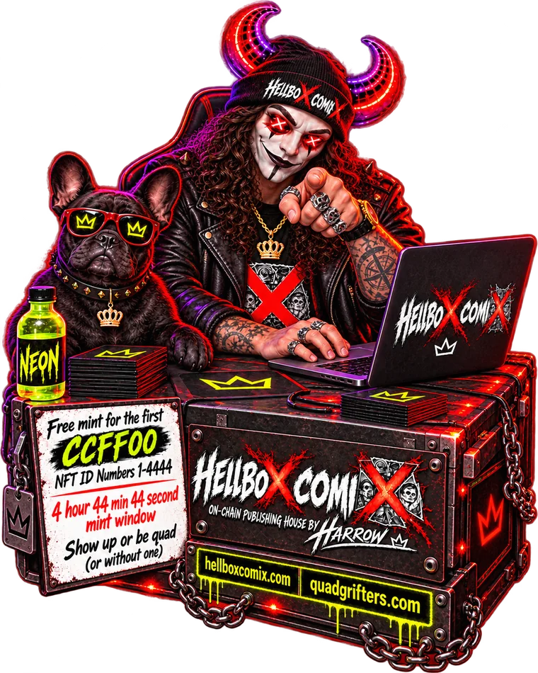 Harrow at his desk with the dog and a bottle of Neon. The sign reads: free mint for the first CCFF00, NFT ID numbers 1 to 4444, 4 hour 44 minute 44 second mint window. Show up or be quad.