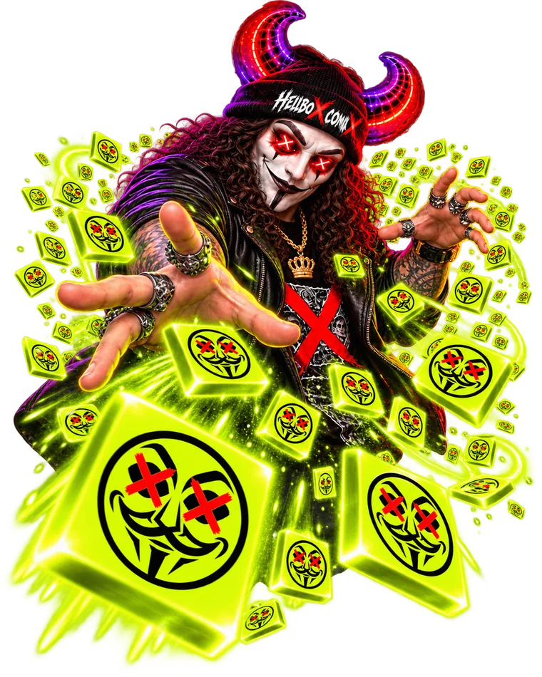 Harrow with two hands full of glowing acid-green quads, every one wearing the masked face with red X eyes.