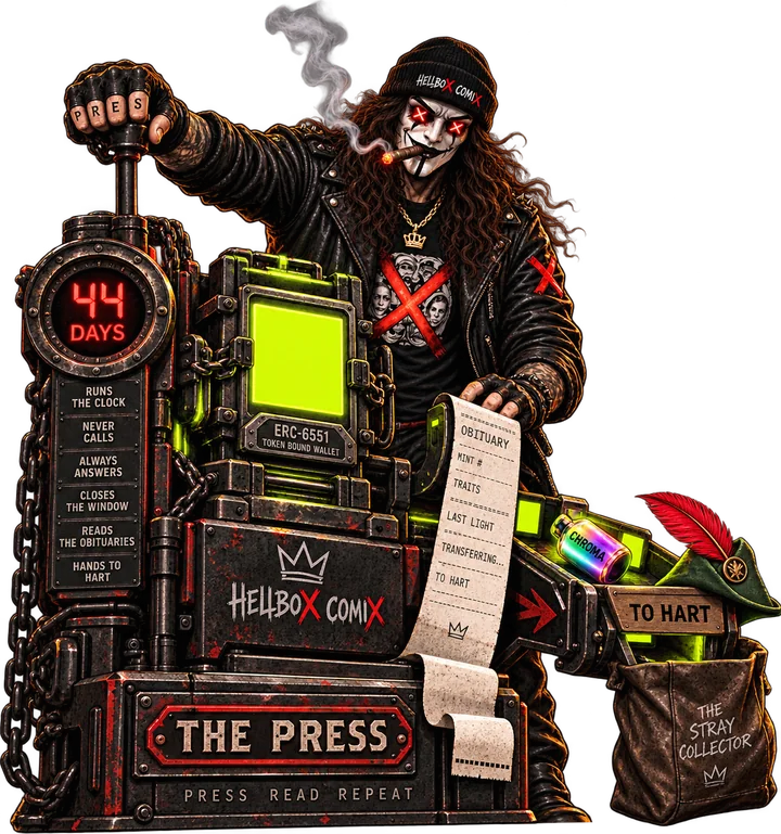 Harrow at the Press: a rusted machine with a 44-day clock, an obituary printing out, and a bag marked To Hart