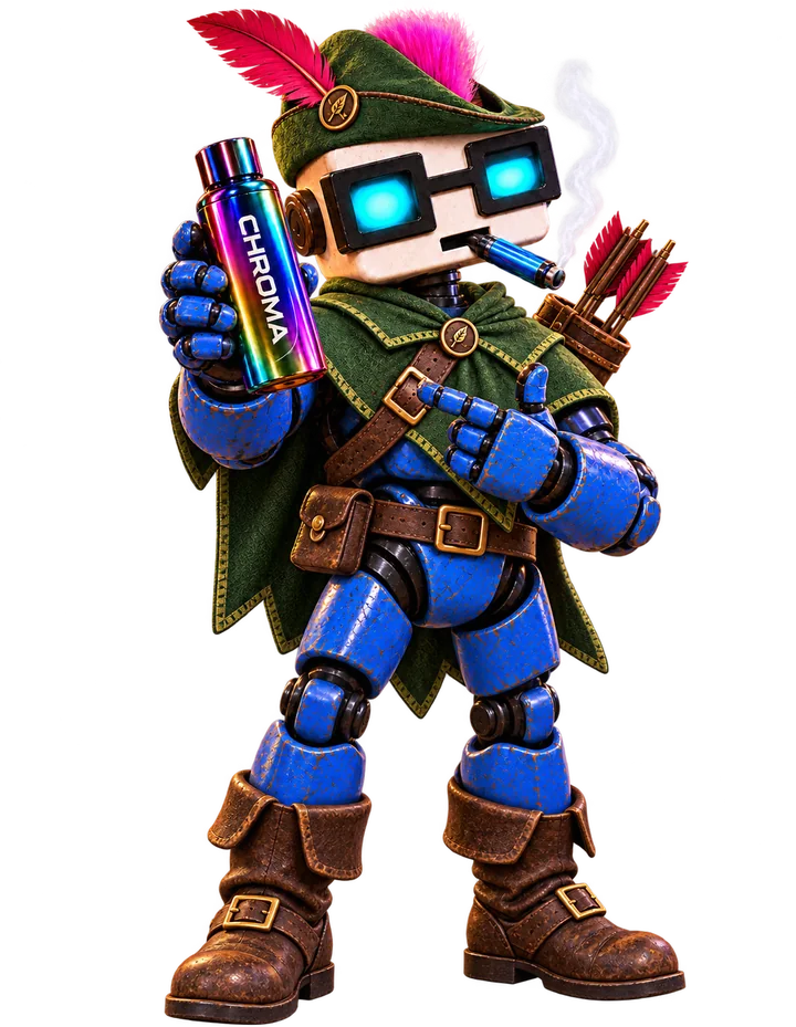 Hart, the Pulse Byte, in a green hood with a bottle of Chroma and a quiver of arrows