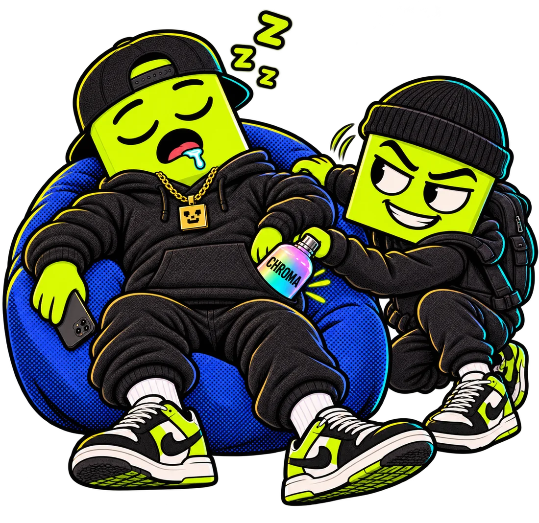 One quad asleep in a beanbag, phone in hand, while another lifts a bottle marked CHROMA out of his pocket.