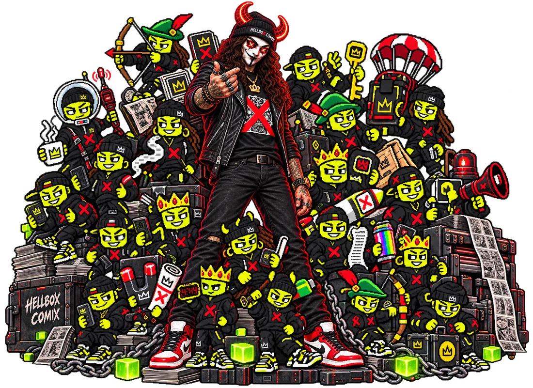Harrow standing on a heap of the forty-four Sorts, all of them in black with acid-green faces, no two alike: hoods, horns, crowns, a space helmet, green feathered hats, each with the one thing that names it.